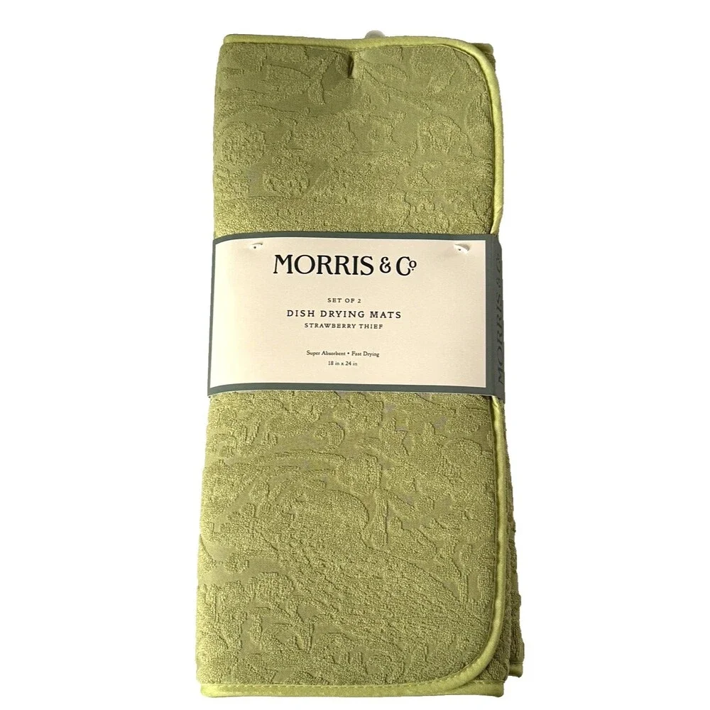 Morris & Co Strawberry Thief Kitchen Dish Drying Mats Green 18X24 Set of 2